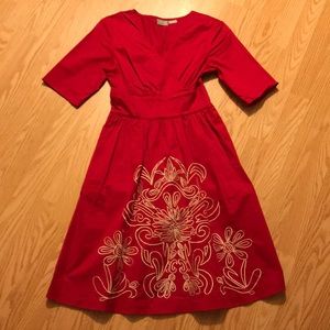 eShakti red embroidered dress, smocked waist